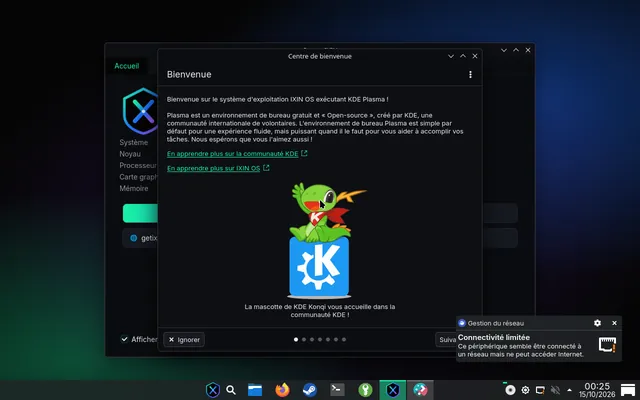 Le bureau IXIN OS avec sa barre des tâches façon Windows 11 : bouton Démarrer IXIN, recherche, Fichiers, Firefox, Steam, Terminal, KeePassXC et Centre IXIN.