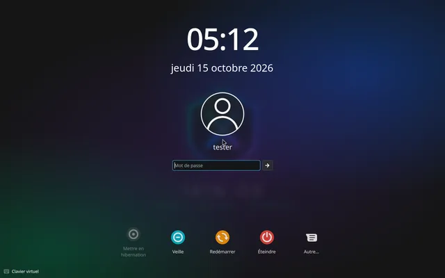 L’écran de connexion d’IXIN OS : heure, date, avatar de l’utilisateur et champ du mot de passe.