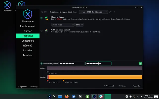 Installeur IXIN OS, étape Partitions, avec la case Chiffrer le système cochée.
