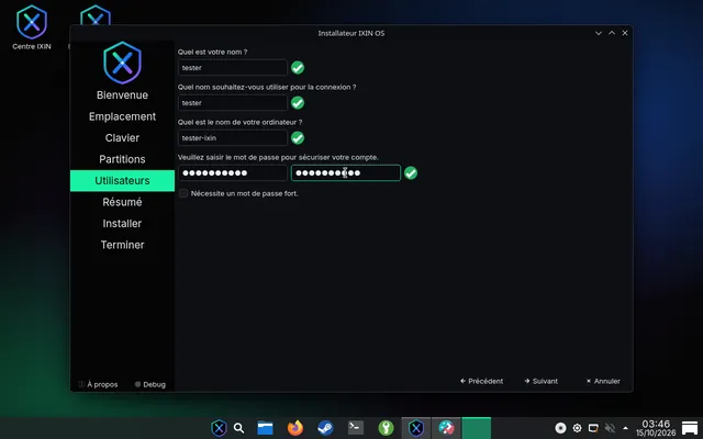 Installeur IXIN OS : création de l’utilisateur