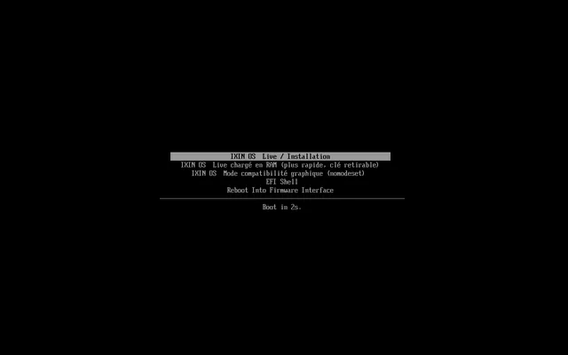 Menu de démarrage de la clé USB IXIN OS